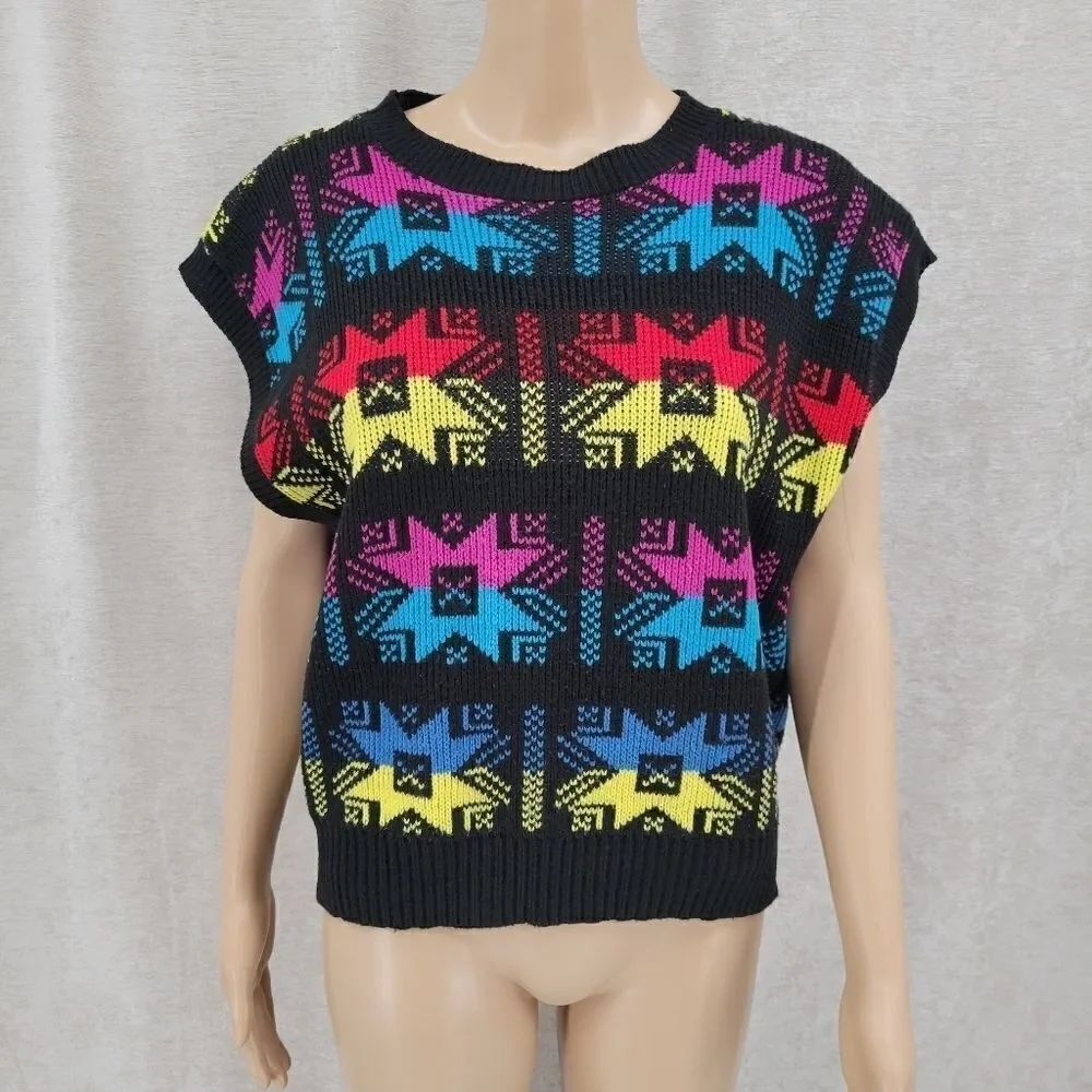 CHIC Sport 80s Snowflake Colorful Sweater Vest Women's Large Fair Isle